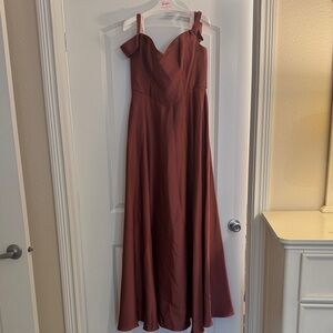 Azazie x Barbie Off the Shoulder Dress in Desert Rose